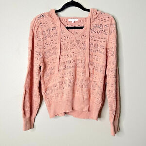 Lauren Conrad Womens Sweater Large Pink Hoodie Crochet Knit Pullover